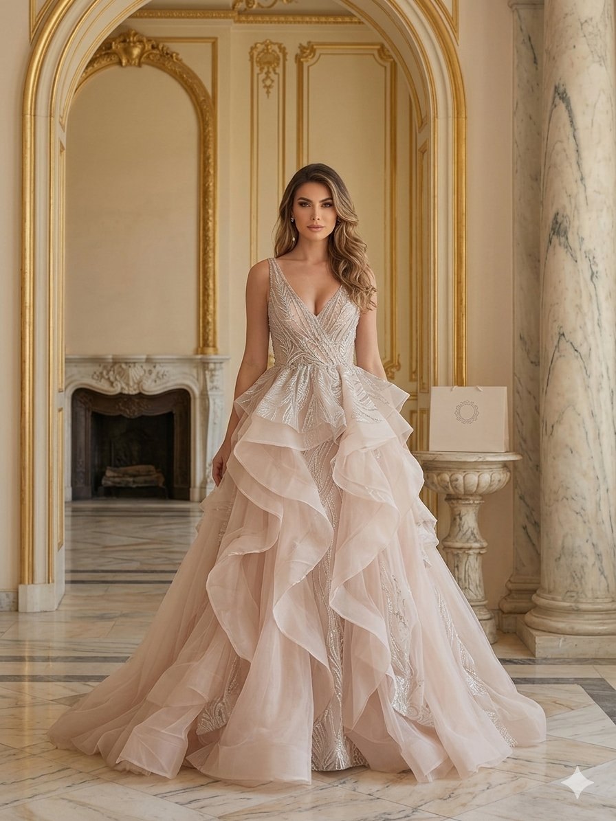 Blush couture ballgown with a ruffled train — Haniye bridal, Dubai