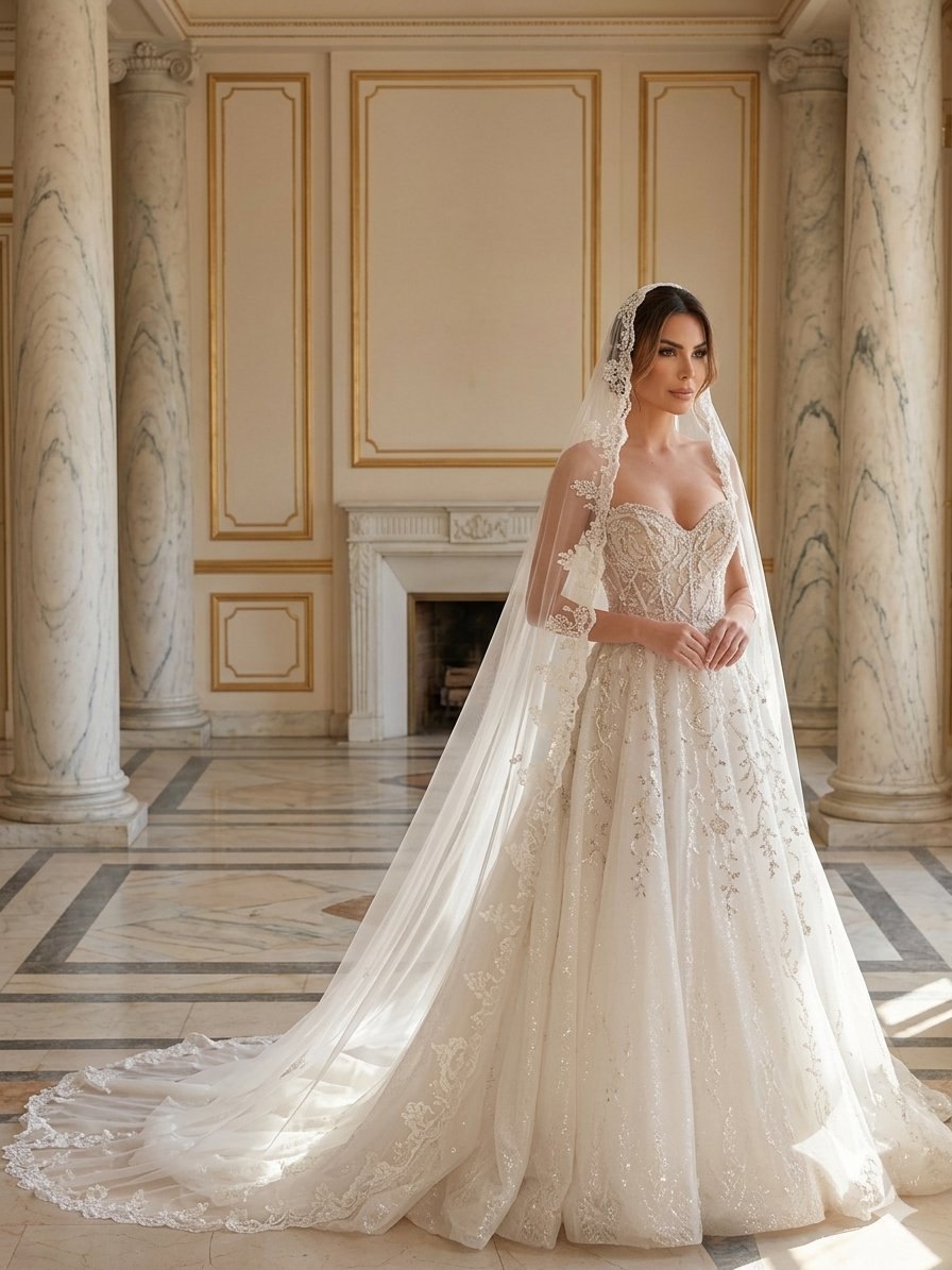 One-of-one bridal ballgown with cathedral veil — couture wedding dress by Haniye, Dubai