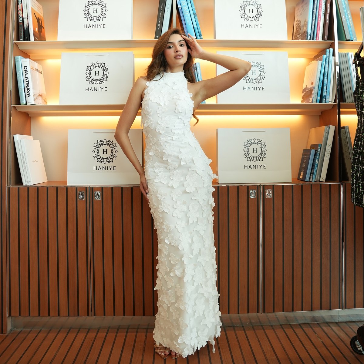 Floral-appliqué column gown at the Haniye atelier, Dubai — one-of-one evening couture